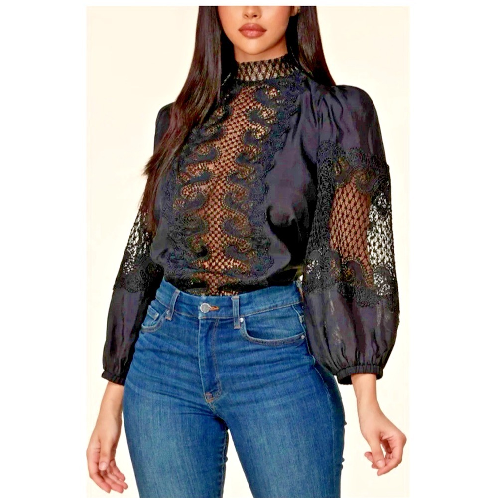 N By Nancy Women Size Small‎ Lace Mesh Baloon Sleeve Black Shirt Tie Back Pearl